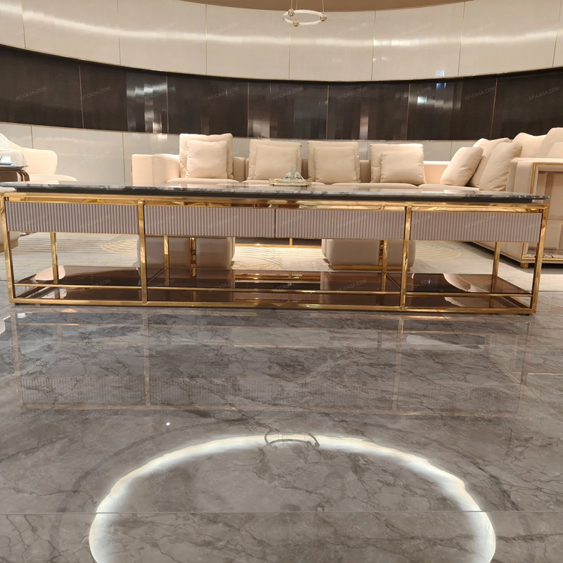 Modern Luxury TV Stand with Woven Texture Panels, Floating Center Shelf and Dark Wood Storage Compartments